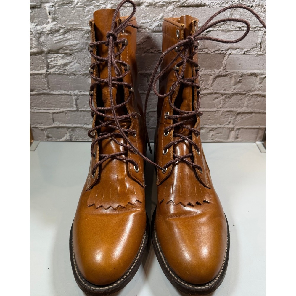 Vintage Justin Lace Up Leather Boots USA Made Mens 8.5B Brown Western Fringed